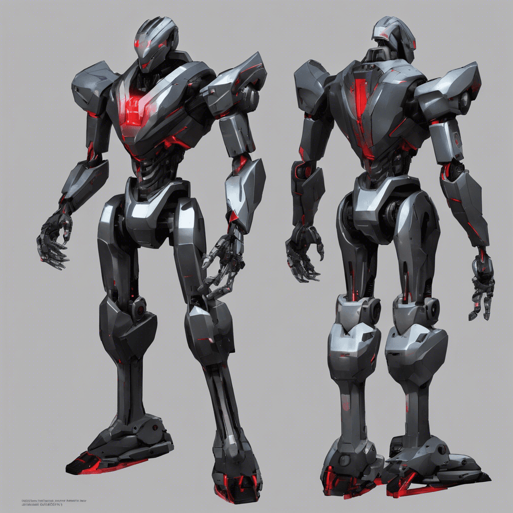 A robotic sentinel standing over seven feet tall with an imposing presence. Its chassis is a sleek, gunmetal grey with sharp geometric angles, exuding a menacing aura. Its eyes, if it could be said to have them, are mere slits of glowing red, scanning for any threats with a predatory vigilance. Hydraulic limbs equipped with an assortment of integrated weapons give it a formidable silhouette, moving with a silence that contradicts its massive build.