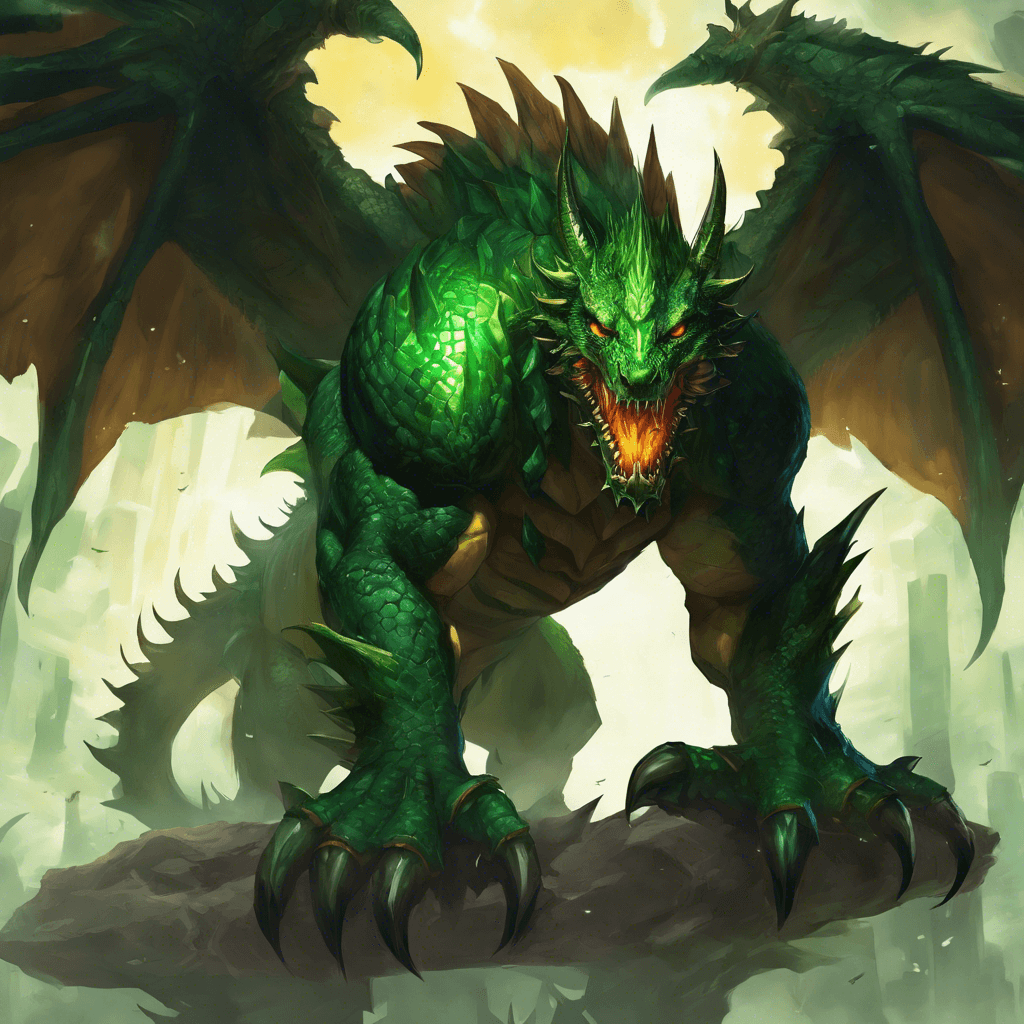 A colossal beast with scales like emerald armor and eyes glowing with an inner fire. It has muscular limbs, a spiked tail, and a jaw filled with razor-sharp teeth, capable of spewing noxious fumes. Its wings unfurl with a thunderous sound, capable of eclipsing the sun.