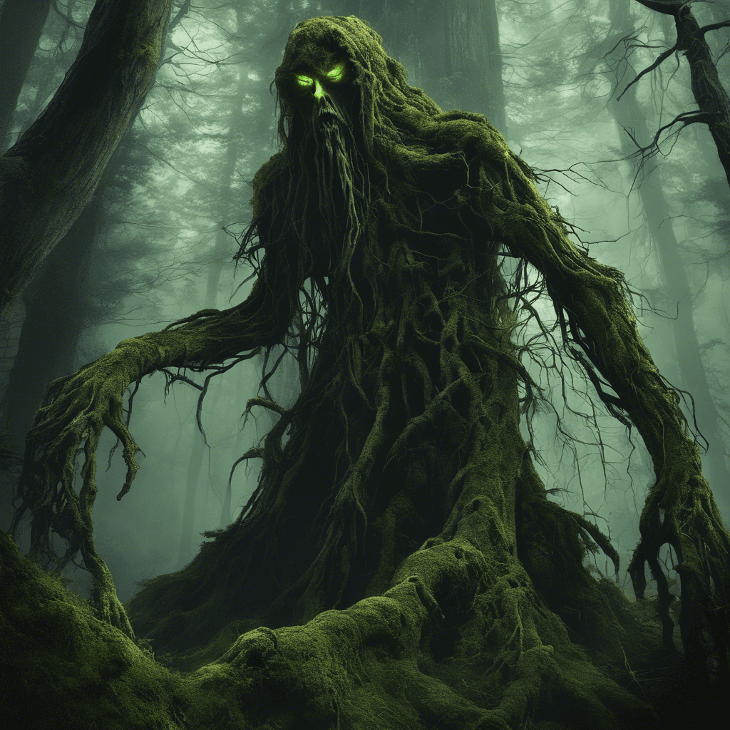 A towering entity, the Timberwraith blends with the forest, its body made of gnarled roots and bark, eyes glowing with an eerie green light, reminiscent of deep forest moss.