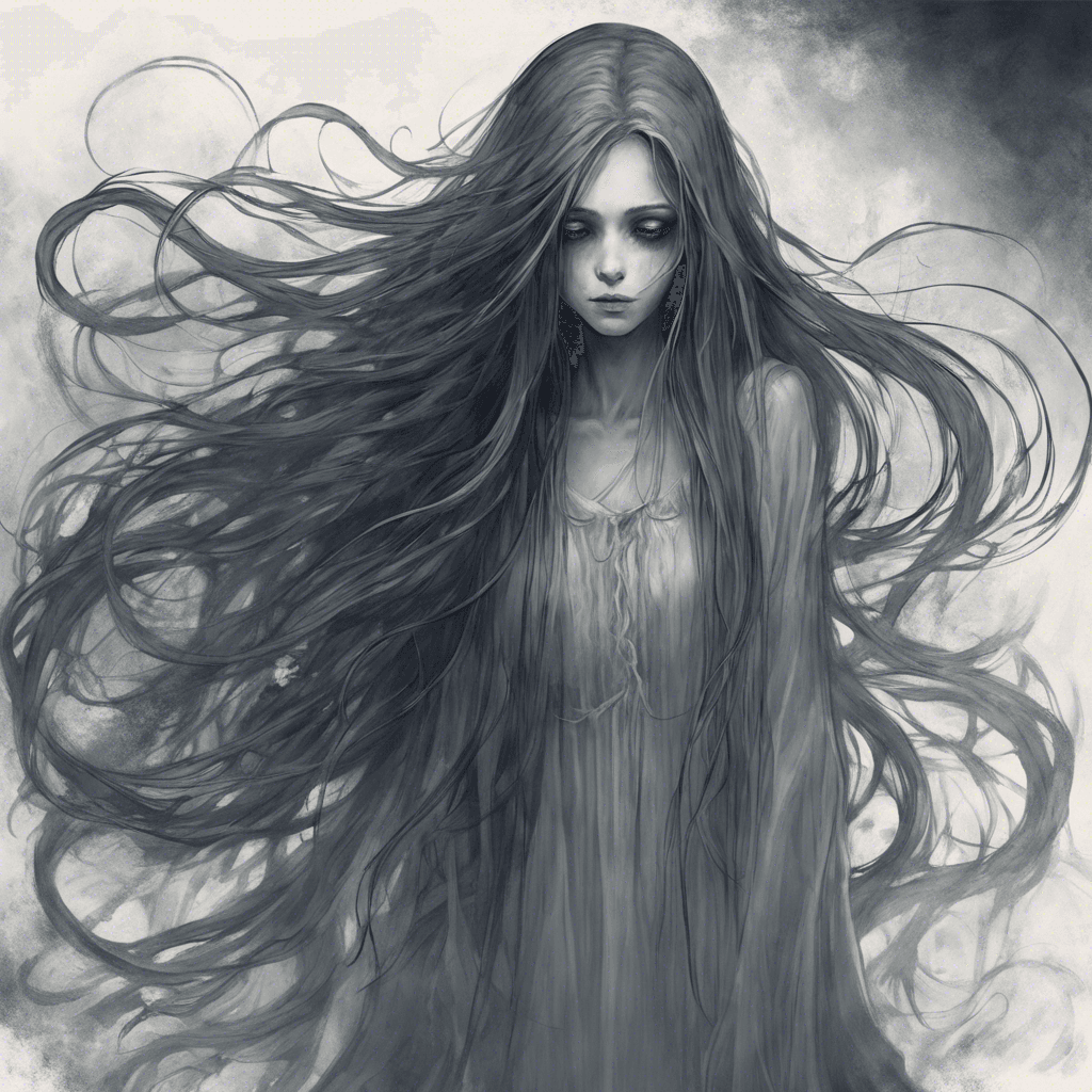 The Melancholy Specter is a ghostly entity that appears as a young woman with long, flowing hair and eyes filled with sorrow. She emits a chilling aura that freezes the air around her, and her presence fills the room with a sense of despair and longing.