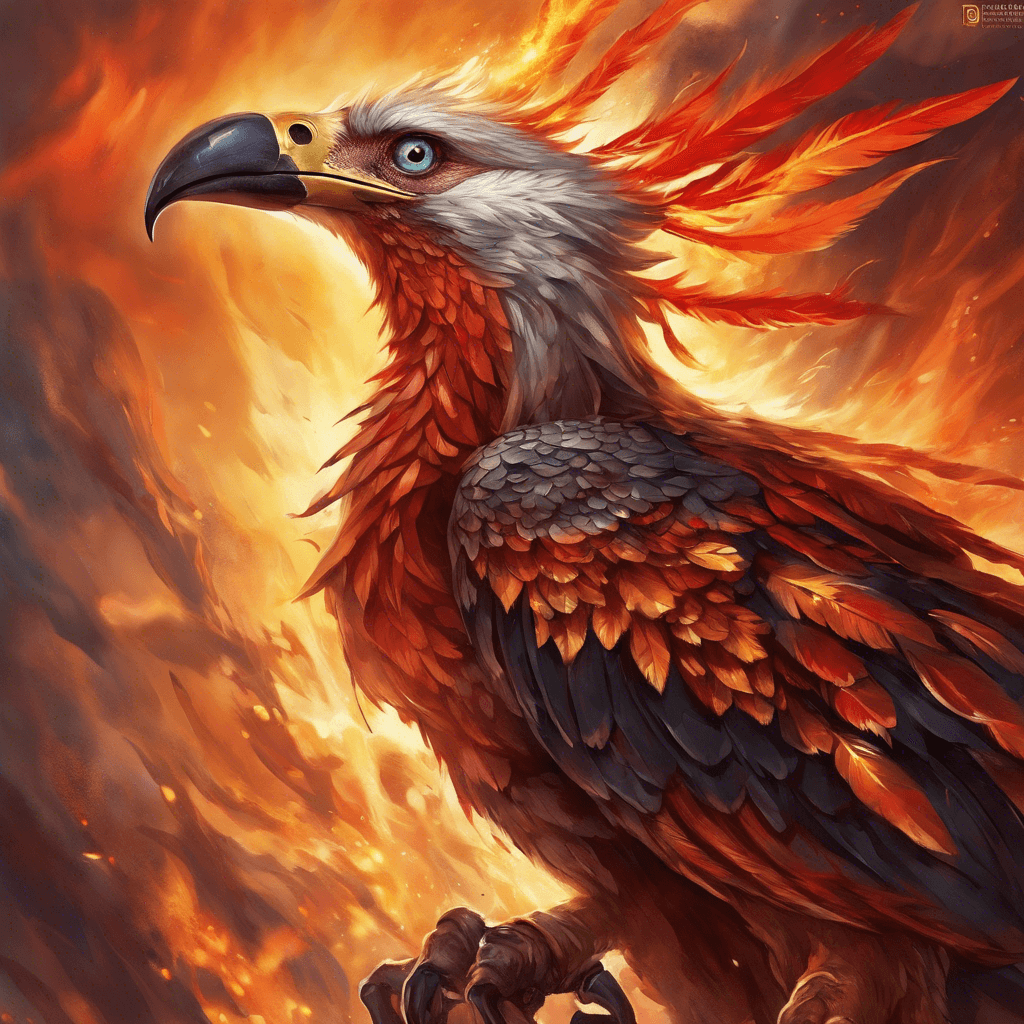 A colossal bird radiates blinding light. Its feathers shimmer with fiery red and gold hues, trailing flames as it soars. Its talons and beak glint like burnished steel, ready to unleash devastating fiery attacks.