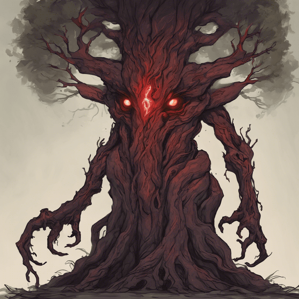 A colossal treant with dark, gnarled bark, eyes glowing an ominous red. Its branches twist like tormented arms, and its roots writhe like serpents.