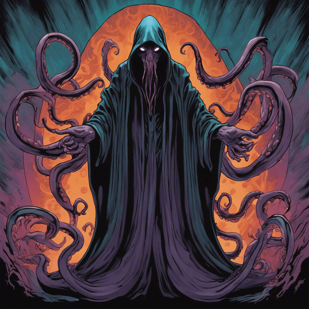 The Mindflayer is a sinister figure with tentacles protruding from its face, a dark cloak billowing behind it. It radiates psychic energy, causing unease and distress in those who stand before it. Its eyes glow with an otherworldly power, searching for weaknesses to exploit.