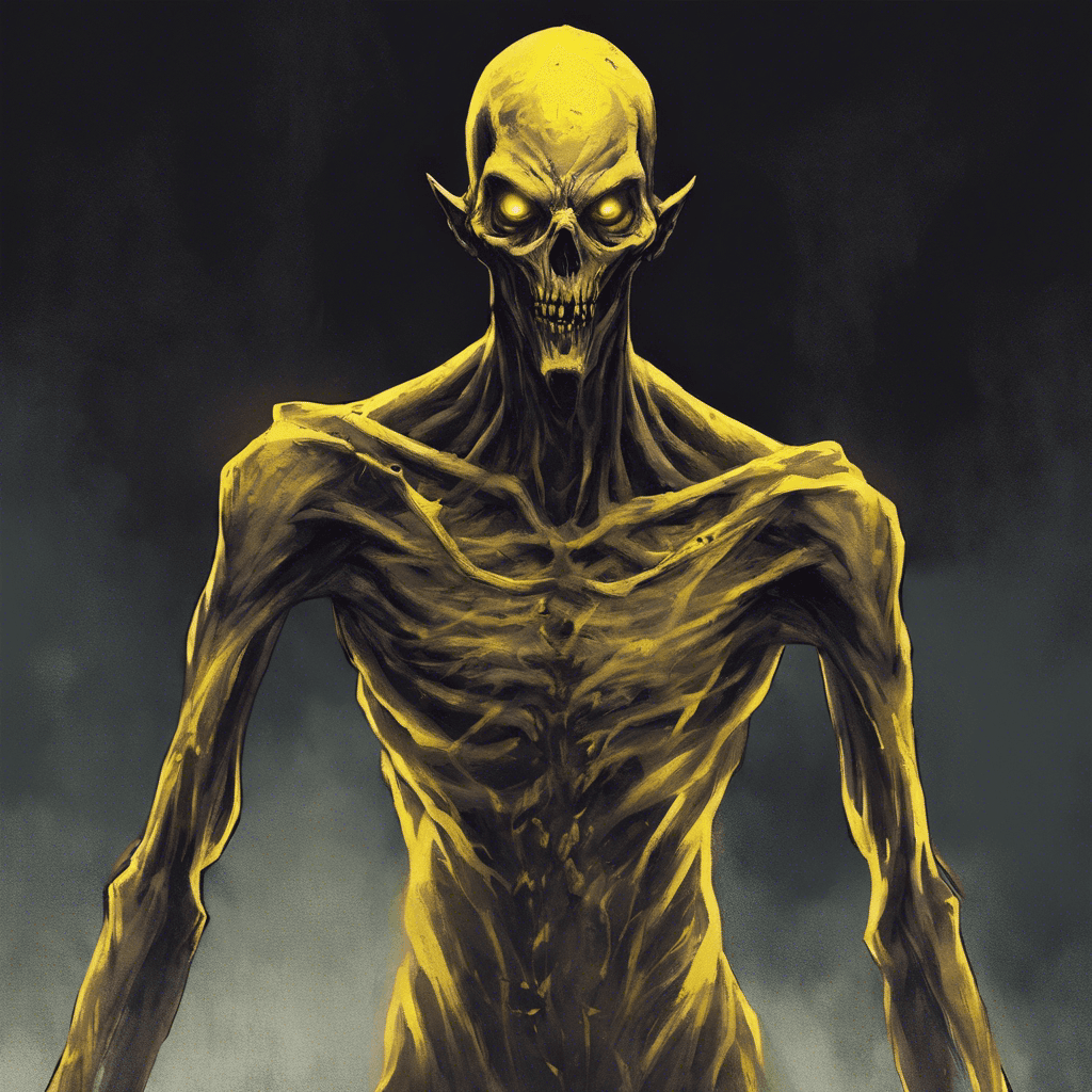 The ghoul is an emaciated being with pallid, tight-stretched skin, glowing yellow eyes, and elongated fingers that end in razor-sharp claws. It hovers silently, emanating an aura of utter darkness.