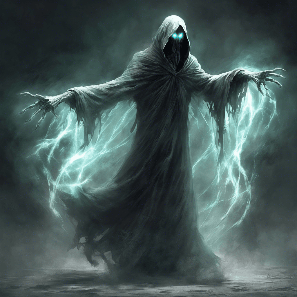 The Phantasmal Specter is a sinister entity shrouded in tattered, ethereal robes that billow and shift as if caught in a perpetual, ghostly wind. Its eyes glow with an otherworldly light, and its unearthly wail sends shivers down your spine.