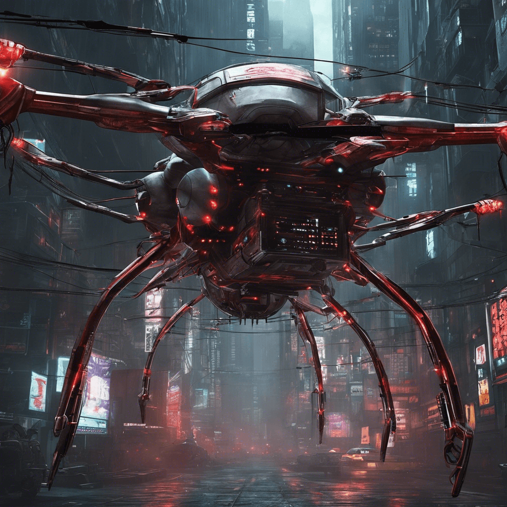 A hovering monstrosity of steel and wires, the Cyber-Drone Skulker is a mass of cybernetics and blades, its red optic sensors scanning for targets in the murky darkness of Neo-Tokyo's underbelly.