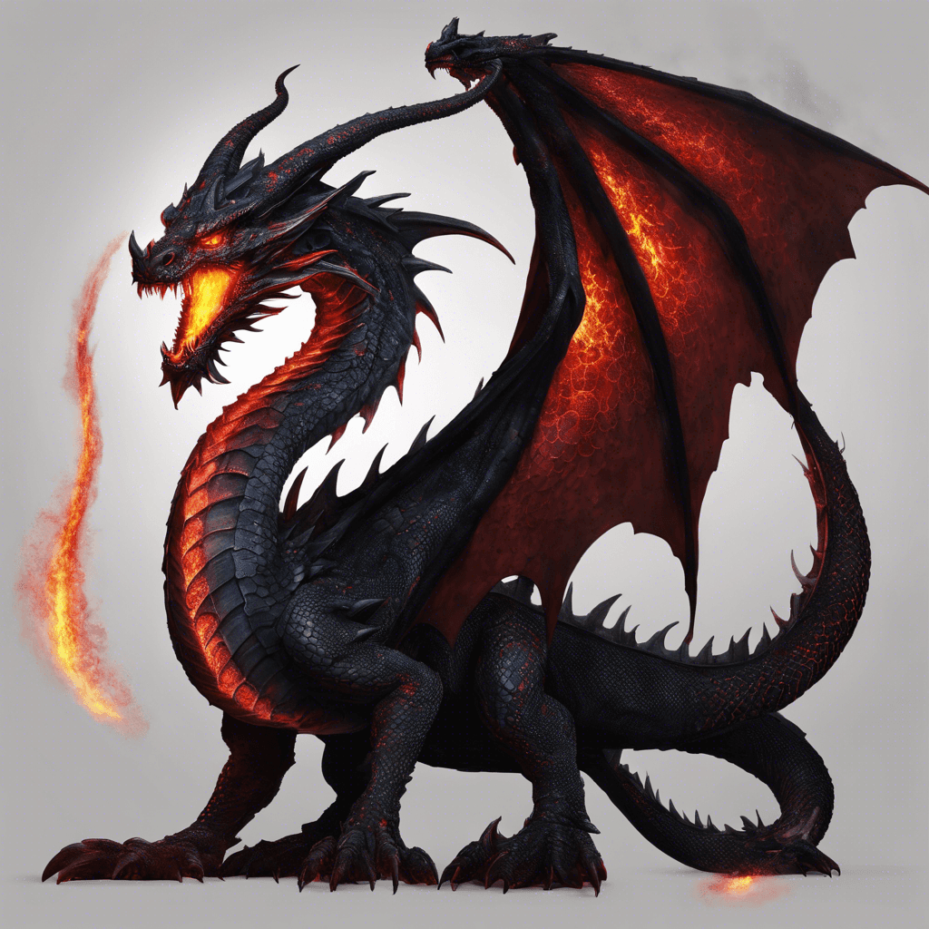 A colossal serpent-like dragon, covered in ember-red scales that seem to glow from an internal fire. It has menacing yellow eyes, large, curved black horns, and emits a heat that distorts the air around it.