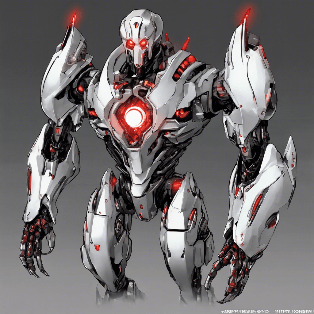 The Cybernetic Guardian is a towering robot with sleek metal armor, glowing red eyes, and powerful mechanical limbs. Its body is covered in advanced technology, including energy shields and built-in weaponry. It emits a low hum as it prepares to attack, exuding an aura of danger and precision.