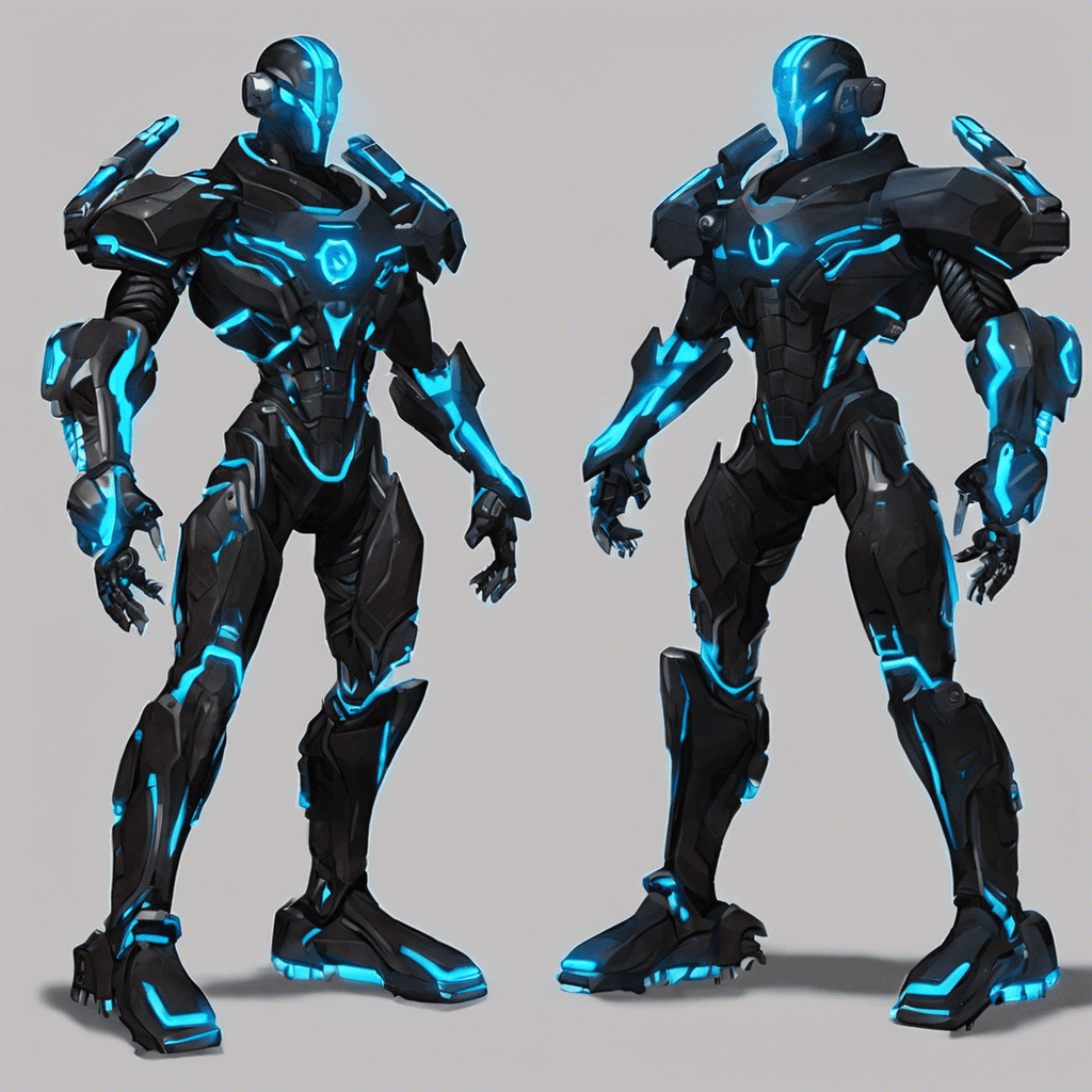 The Cybernetic Enforcer is a towering figure clad in black, sleek armor with neon blue accents running through its joints. Its eyes glow with malicious intent, scanning its surroundings with advanced targeting systems. Multiple cybernetic enhancements cover its body, giving it enhanced strength and speed.