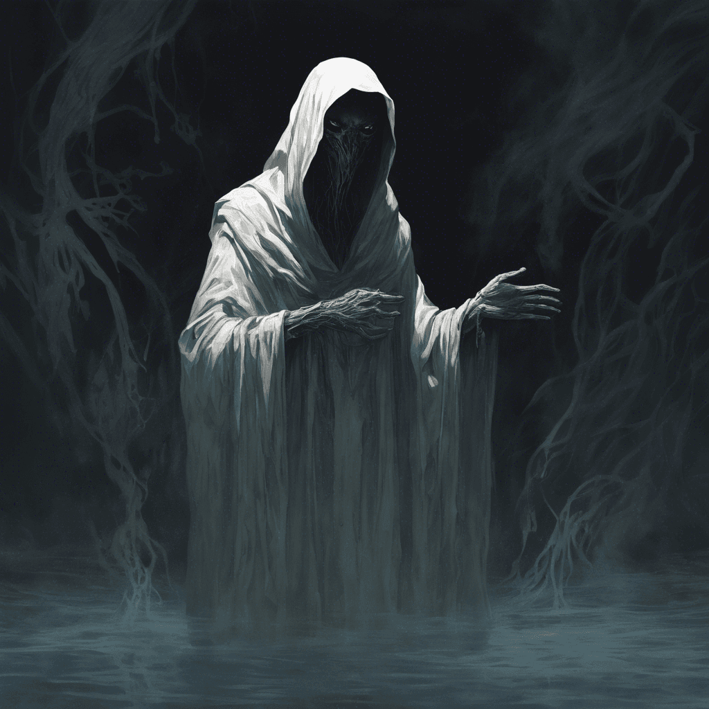 A shadowy figure with a vaguely human shape, tattered robes floating as if underwater, face obscured by darkness save for two piercing, ghostly white eyes.