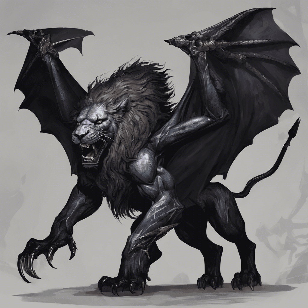 A fearsome beast with the body of a lion, gleaming ebony scales covering its muscular frame. Its tail is that of a scorpion, tipped with a glistening barb ready to strike. Cruel bat-like wings unfold from its back, casting ominous shadows.