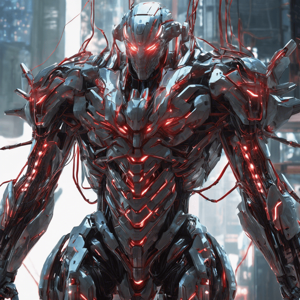 A towering figure, covered in gleaming cybernetic armor with glowing red optical sensors. Wires and cables weave through its frame like veins, and its arms are equipped with integrated weaponry.