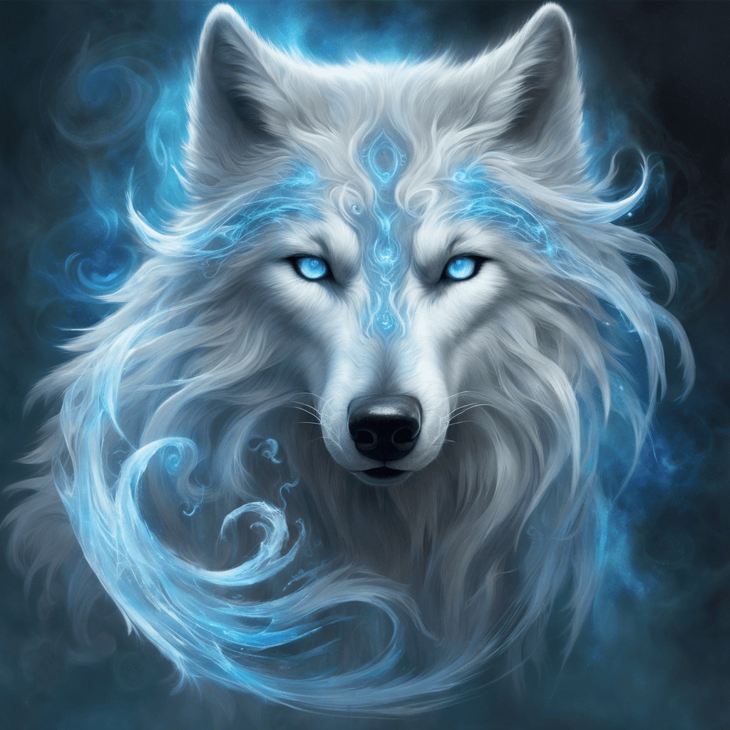 A large ghostly wolf with piercing blue eyes and ethereal fur that shimmers with a spectral light. Phantasmal tendrils of mist swirl around its form.