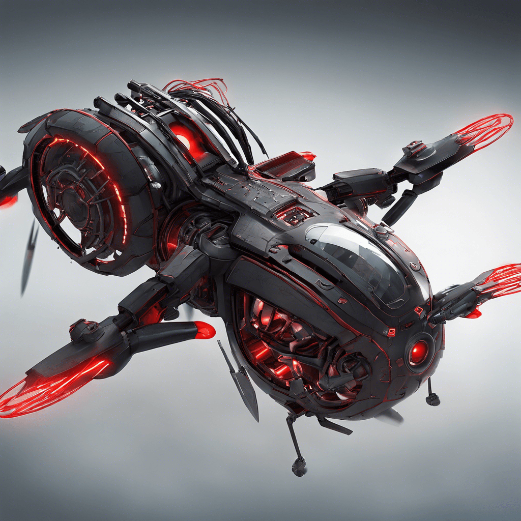 A sleek mechanical drone with glowing red sensors and whirring antigravity thrusters, armed with a pulsing energy cannon and sharp metal appendages.