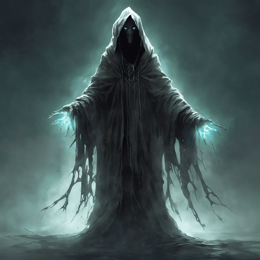 A gaunt and ethereal figure shrouded in tattered robes that seem to absorb the light around them. Its face is obscured by the hood, only two glowing, malevolent eyes are visible. The wraith's hands are elongated, ending in spectral claws that flicker with ghostly energy.