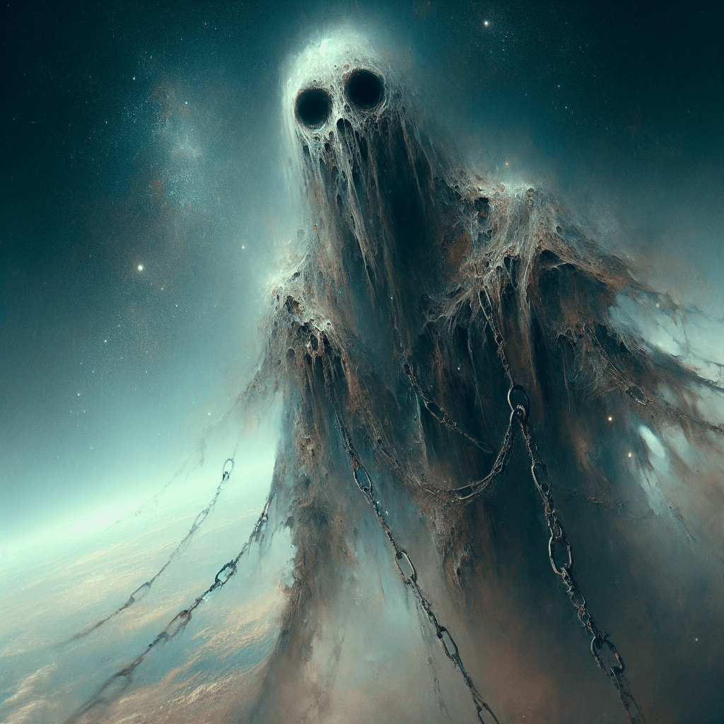 A ghostly figure hovering slightly above the ground, cloaked in tattered robes with faintly glowing eyes. Tendrils of ethereal mist extend from its form, and ancient chains clank quietly as they drag behind it.