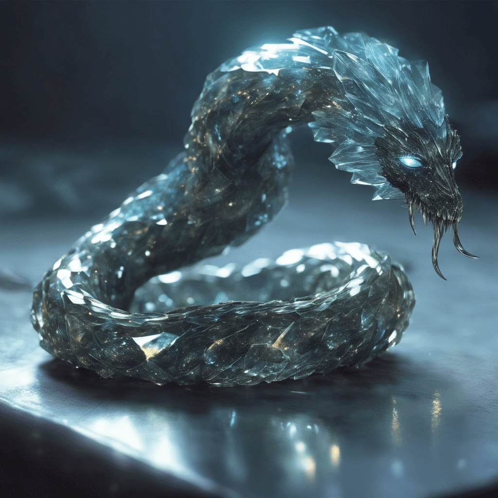 A serpentine creature entirely composed of sharp, reflective crystal. Its eyes glimmer with a haunting light, and it moves with a clinking sound as the crystals rub against each other.