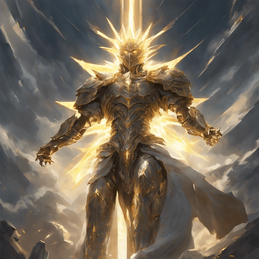 A towering figure radiating intense light, with armor that appears forged from pure sunlight and eyes that blaze like stars.