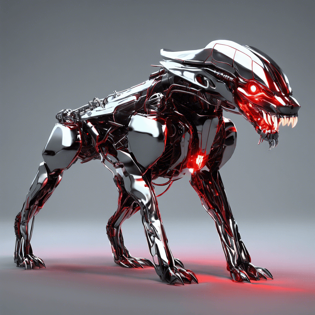 A metallic quadruped creature, its sleek chrome body reflecting the dim neon lights. Wires and conduits protrude from its joints, and its eyes glow with a fierce red light. Sharp edges and energized fangs give it a predatory demeanor, making it clear it's designed for combat.