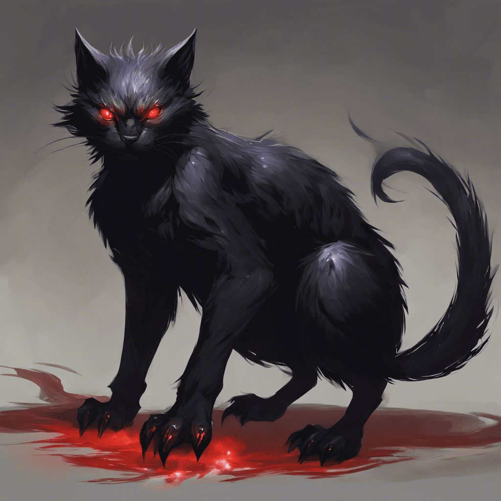 A creature of darkness resembling a large, sinewy cat with oily black fur, glinting red eyes, and sharp, elongated claws. It seems to fade in and out of the shadows, its form flickering at the edges, as if woven from the night itself.