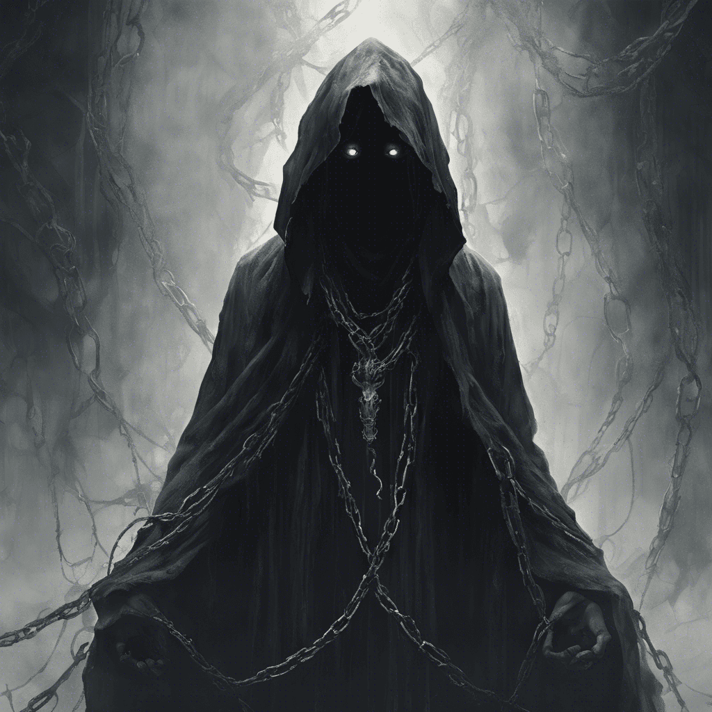 A shadowy figure, billowing like a specter in tattered robes that obscure any hint of its form. Ethereal chains clink softly around its wrists, phasing in and out of existence. Its eyes, two piercing points of cold light, gaze hungrily from the depths of its hood.