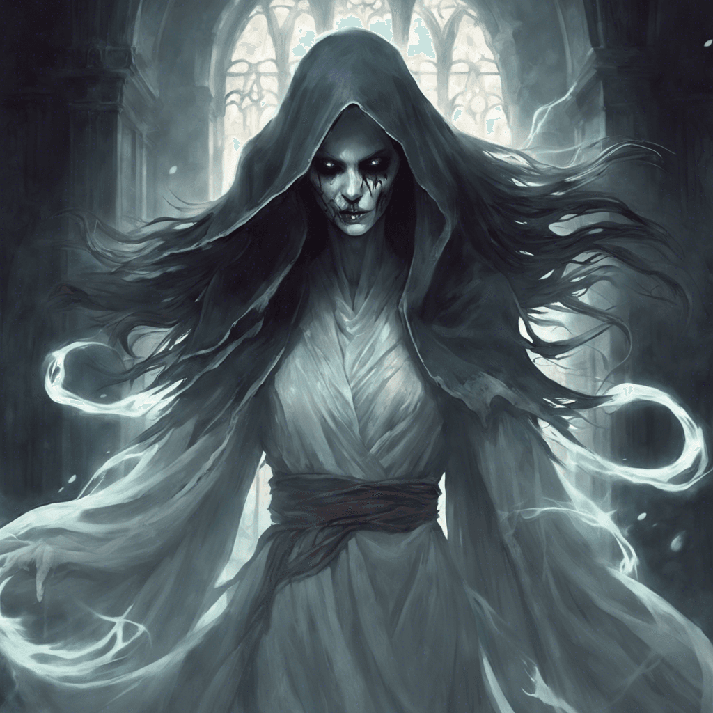 A terrifying and sorrowful specter floats before you, her visage twisted in eternal anguish. Tattered robes cling to her ethereal form, and a haunting wail escapes her lips as she reaches out with clawed, ghostly hands.