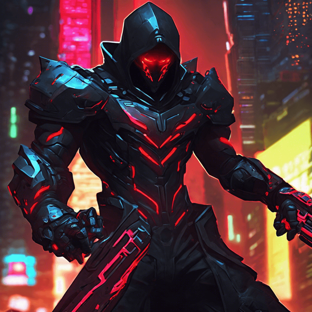 The Neon Reaver is a cybernetically enhanced assassin cloaked in shadows, moving with deadly precision amidst the neon-lit streets. Its sleek black armor is adorned with glowing neon accents, making it blend seamlessly with the cityscape. Its piercing red eyes scan the surroundings, ready to strike at a moment's notice.