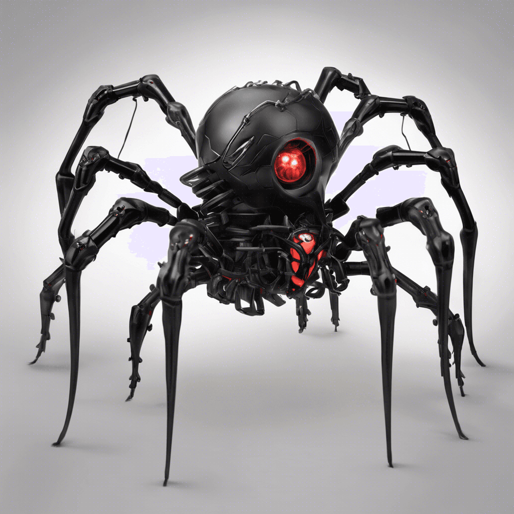 The Mechano-Spider is a mechanical arachnid-like creature with razor-sharp metallic legs, glowing red eyes, and a sleek, jet-black exoskeleton. It scuttles with lightning speed and emits a high-pitched whirring sound as it moves.