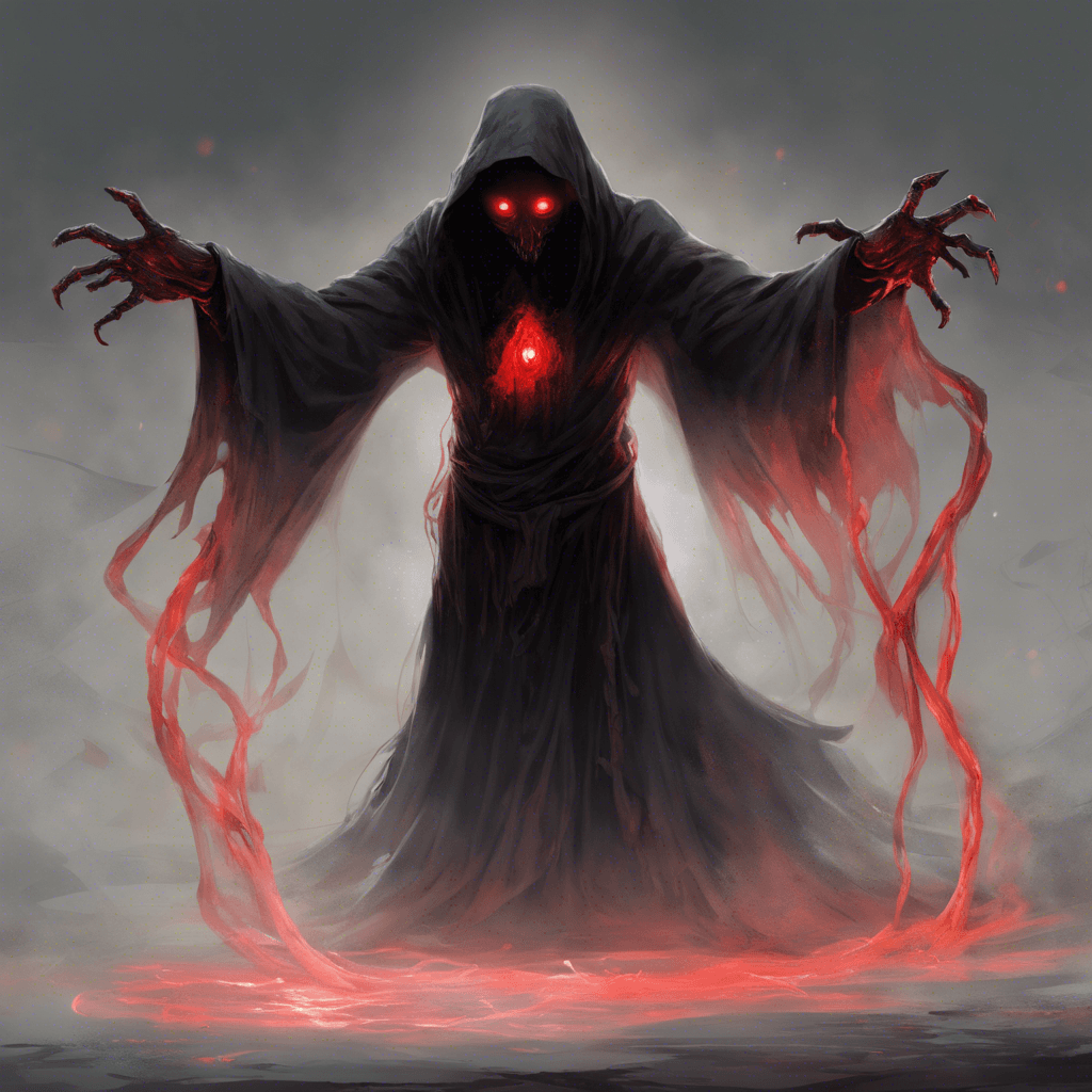 A shadowy apparition with glowing red eyes, tattered robes fluttering around its formless, hovering body, with elongated, claw-like hands reaching out.