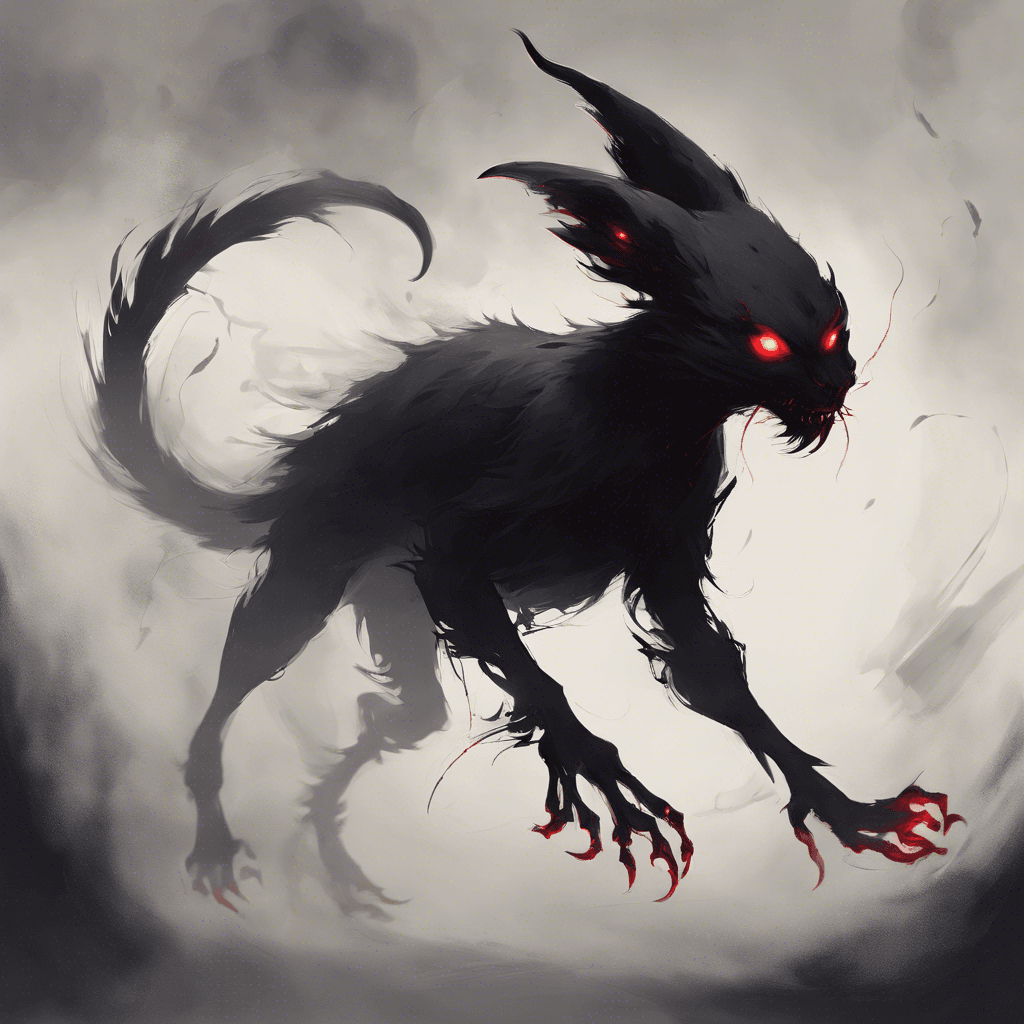 A shapeless shadow with piercing red eyes and elongated claws, drifting with a ghostly glide over the ground, its form flickering as if made of smoke.