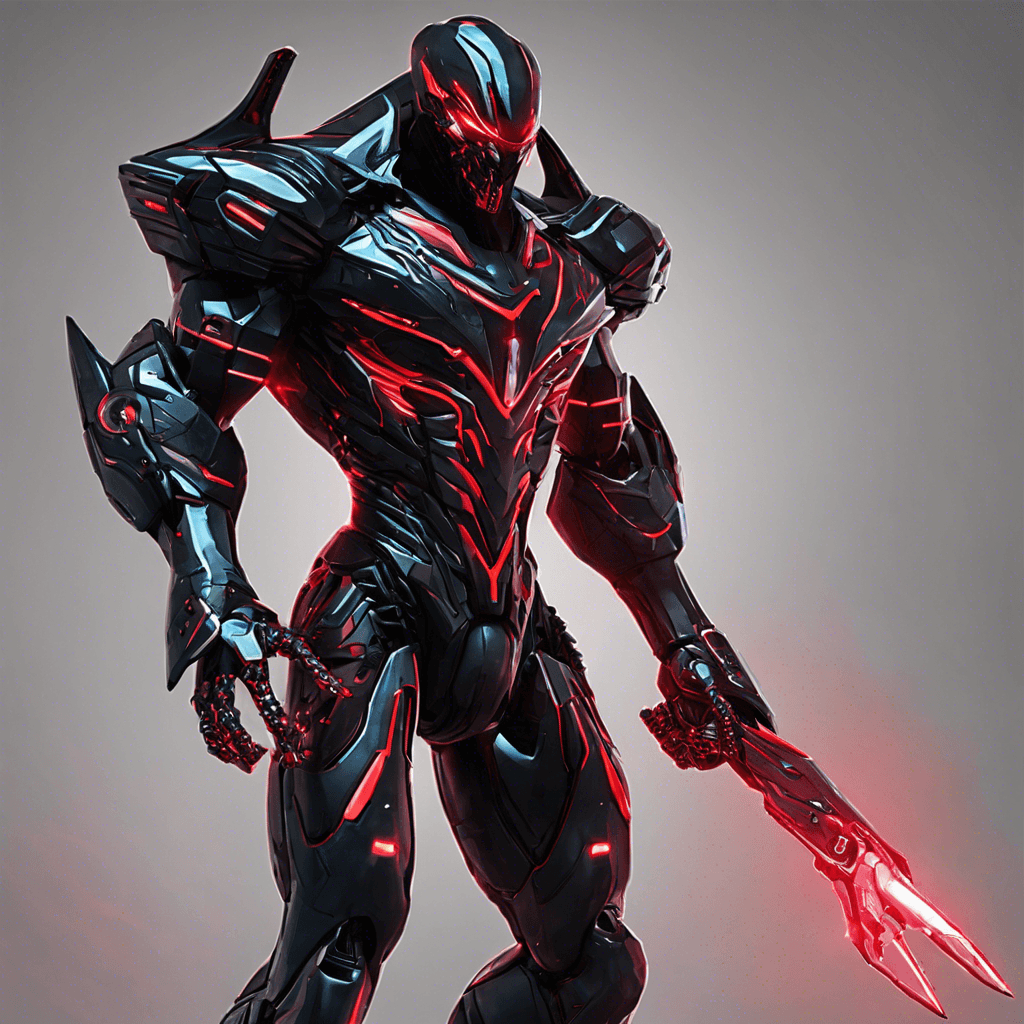 The Cyber Reaver is a towering figure clad in black, neon-trimmed nanofiber armor. It has a menacing red cybernetic eye that scans its surroundings with predatory efficiency. Its arms are augmented with razor-sharp alloy blades, glowing with a dangerous energy. The aura around it crackles with electronic disruption, signaling advanced hacking capabilities.