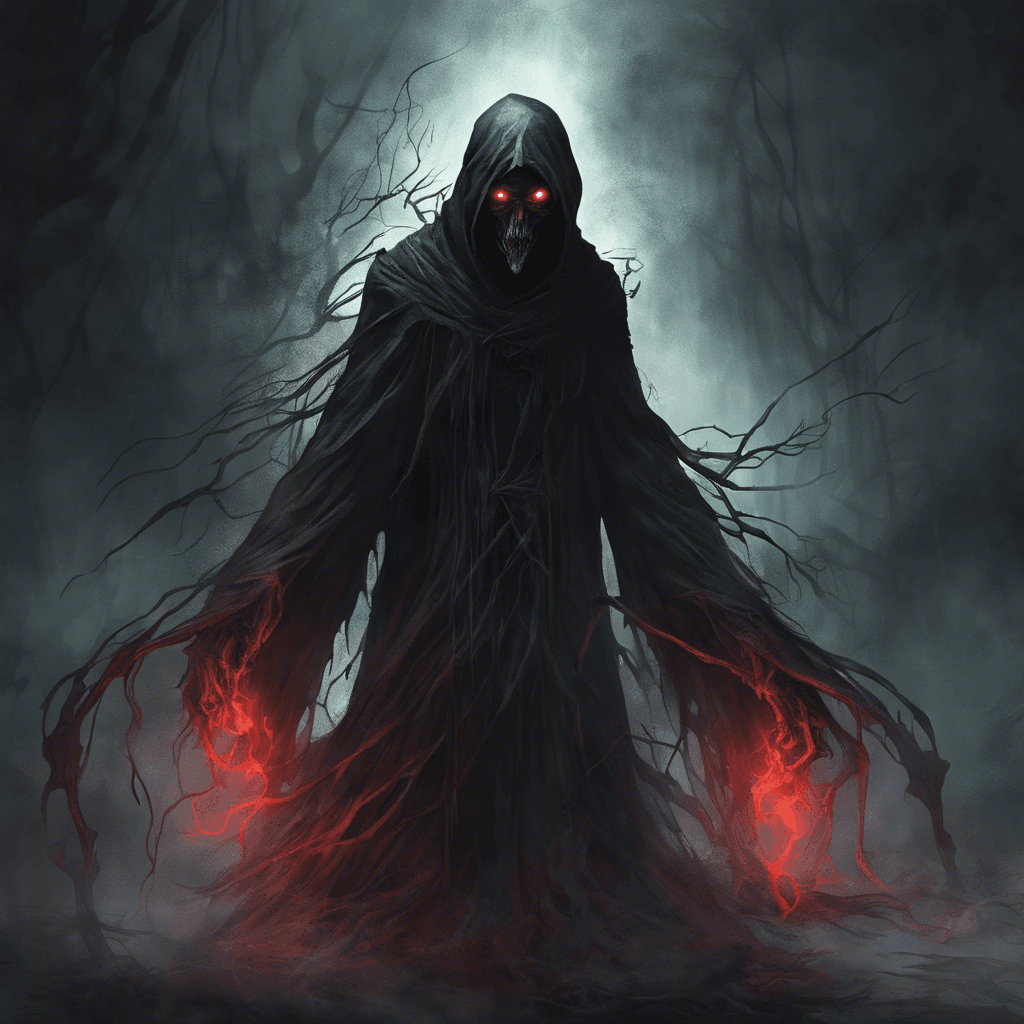 The Spectral Wraith is a phantom-like figure shrouded in tattered black robes, with glowing red eyes that pierce through the darkness. Its ghostly appearance sends shivers down your spine, as it floats silently towards you with a chilling aura of dread.