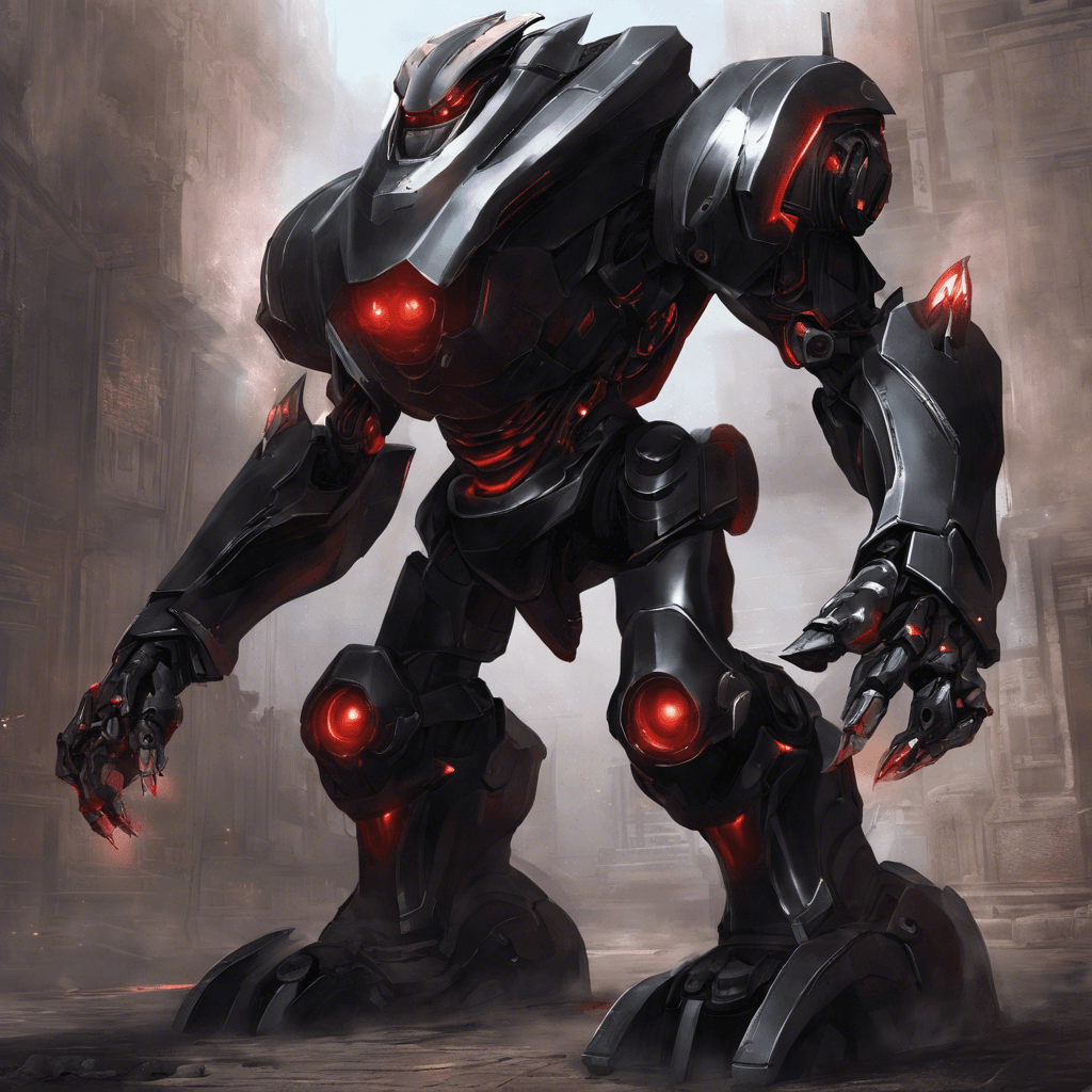 The Zenturion Overseer is a massive humanoid robot, its body covered in sleek, polished black armor that looks both ancient and advanced, with glowing red eyes and a menacing aura. It hovers above the ground, with energy crackling around its propulsion system.