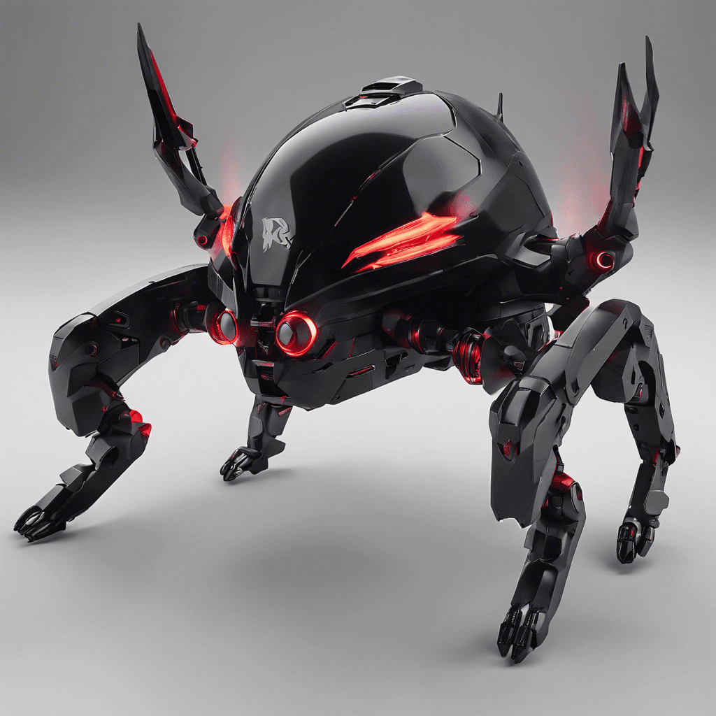 The Revenant Drone is a sleek, black metallic robot with glowing red eyes and sharp, retractable claws. It hovers effortlessly in the air, emitting a low hum as it scans its surroundings with advanced sensors.