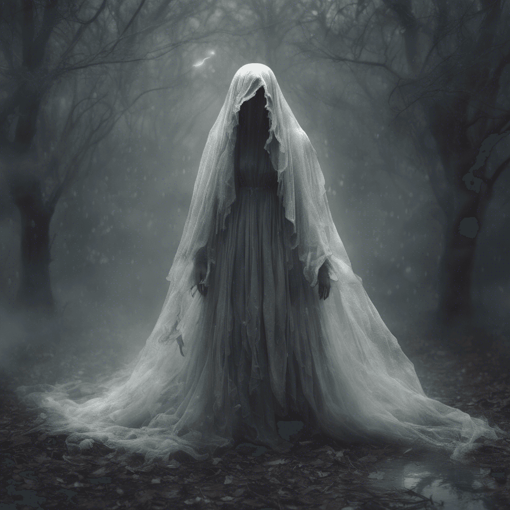 A ghostly figure dressed in tattered Victorian garb, face obscured by a veil of ethereal tears that never seem to cease. It floats slightly above the ground, its hands outstretched as if longing for something it can never again possess.