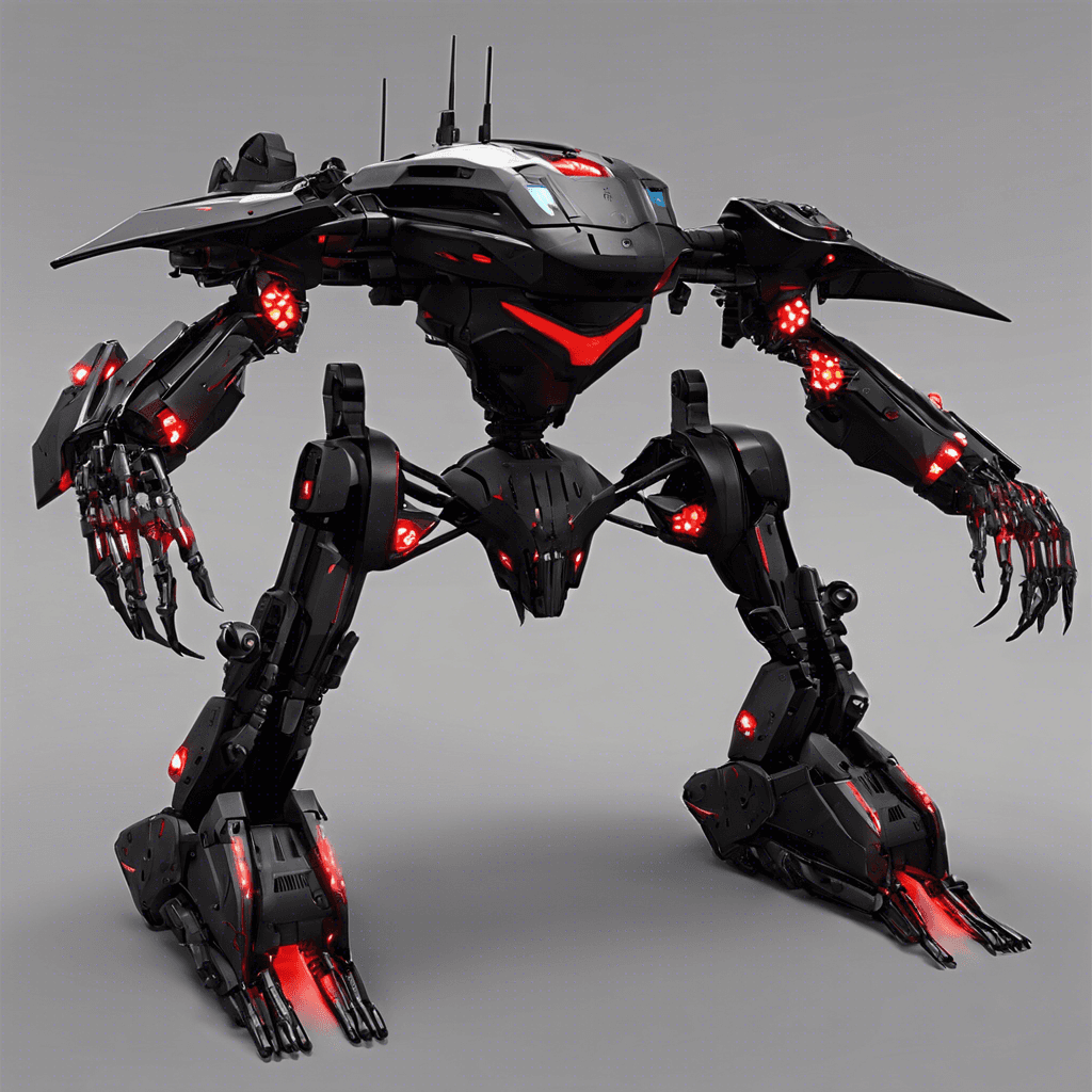 The Cyber Sentinel is a heavily armored security drone, standing tall with sleek black plating and glowing red optics scanning its surroundings. Its mechanical limbs end in sharp, articulated claws, ready to strike at any intruders with lethal precision.