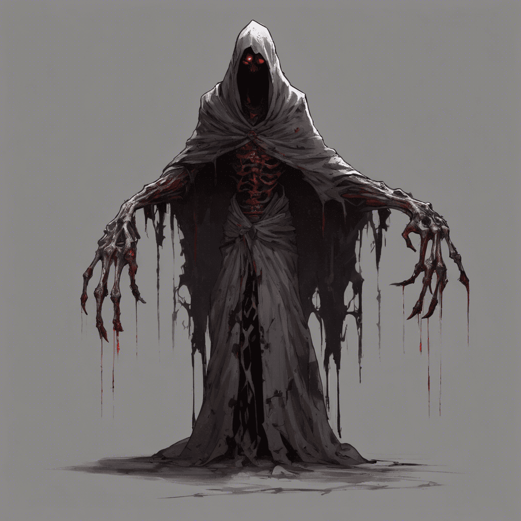 A tall, slender creature cloaked in tattered robes that seem to blend seamlessly into the shadows. Its face is hidden under a hood, with two gleaming red eyes piercing the darkness. Skeletal hands extend from the sleeves, each finger tipped with a razor-sharp claw.