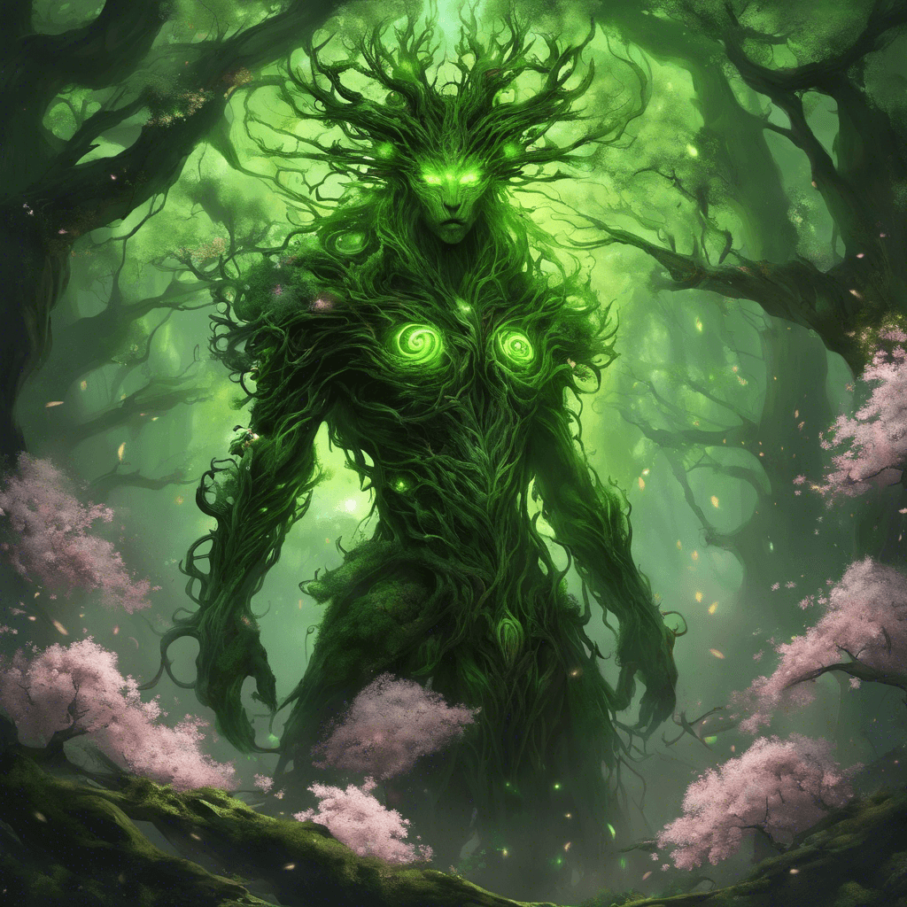 A towering entity of intertwined branches and blooming flowers, the Glade Guardian's eyes blaze with a fierce green light. Its body is a living mass of the forest itself, a sentient protector of the Cherry Blossom Forest, with bark as armor and limbs as long gnarled clubs.