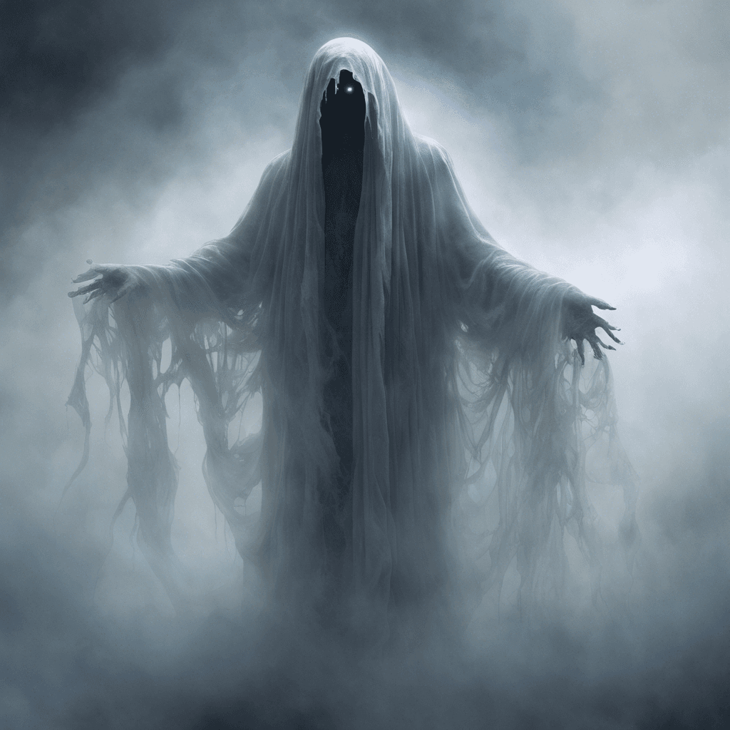 A ghostly figure draped in tattered robes, its hollow eyes glowing with an unearthly light. Wisps of fog surround its translucent form, emanating a chilling aura that freezes the air around it.