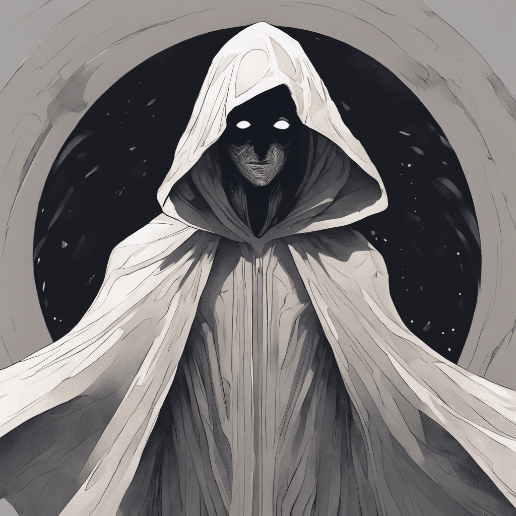 A shrouded figure in a cloak made of shifting shadows, with eyes that flicker like broken space-time. Its hands appear to phase in and out of existence.