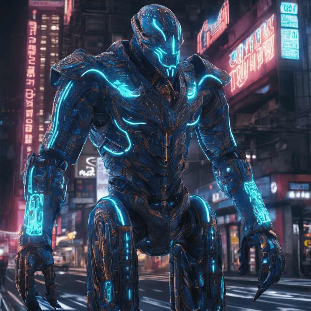 The Neon Sentinel is a towering humanoid figure adorned with glowing circuit patterns etched into its cybernetic armor. Its eyes shine with a cold, calculating light as it moves with a fluid grace, reminiscent of a deadly predator stalking its prey. Wires jut out from its limbs, crackling with electrical energy, and a faint hum of power emanates from its core.