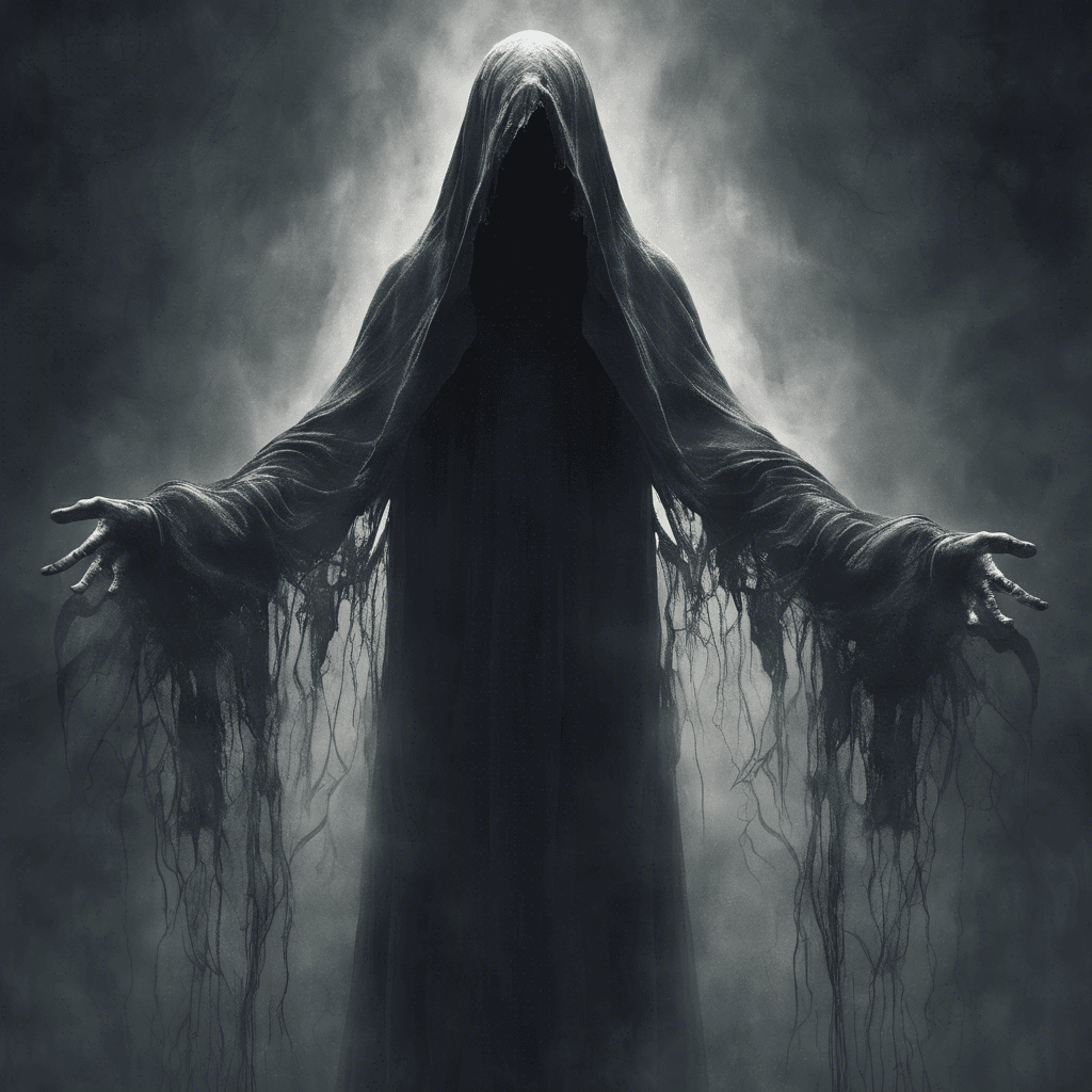 A ghostly figure cloaked in tattered shrouds, with eyes like empty voids and hands reaching out with ethereal, violent intent. Wisps of its form trail off into the darkness, flickering between solidity and incorporeality.