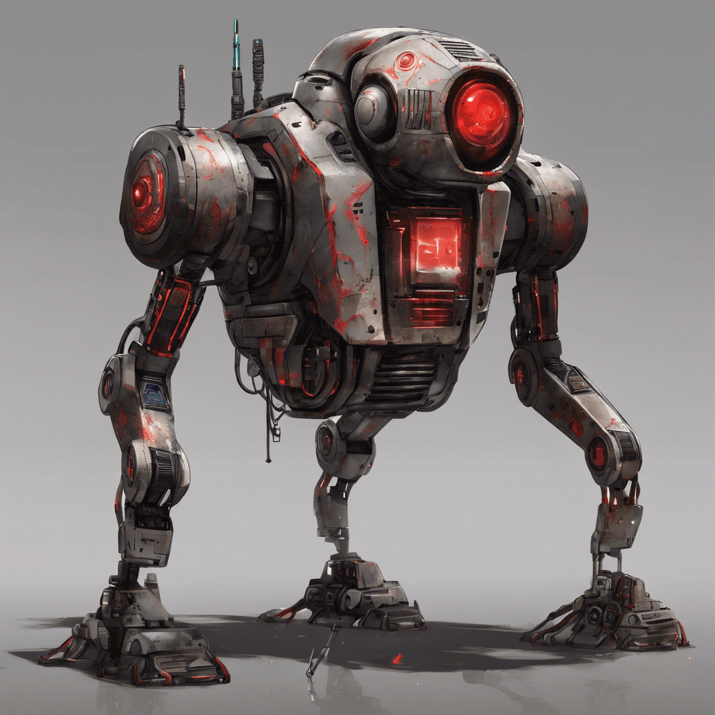 A sleek metallic recon droid about the size of a large dog, with glowing red sensor eyes and multiple articulated limbs that end in various tools and weaponry. Its body is covered in laser burn marks and graffiti.