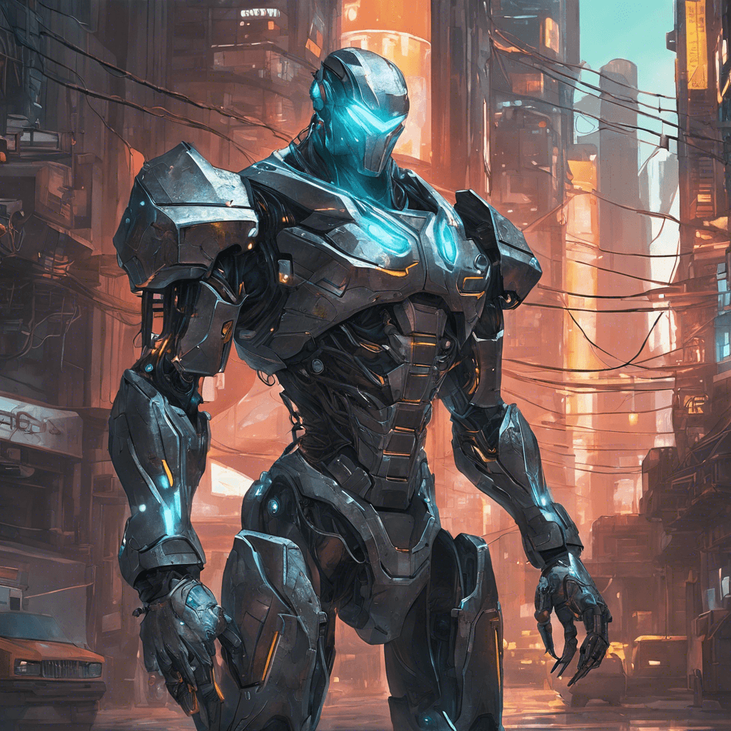 A towering figure clad in scavenged cybernetic armor, glistening with an array of mismatched metallic hues. Wires and tubing crisscross over its bulky frame like veins, and its two glowing eyes pierce the shadowy alleys of Neo City.