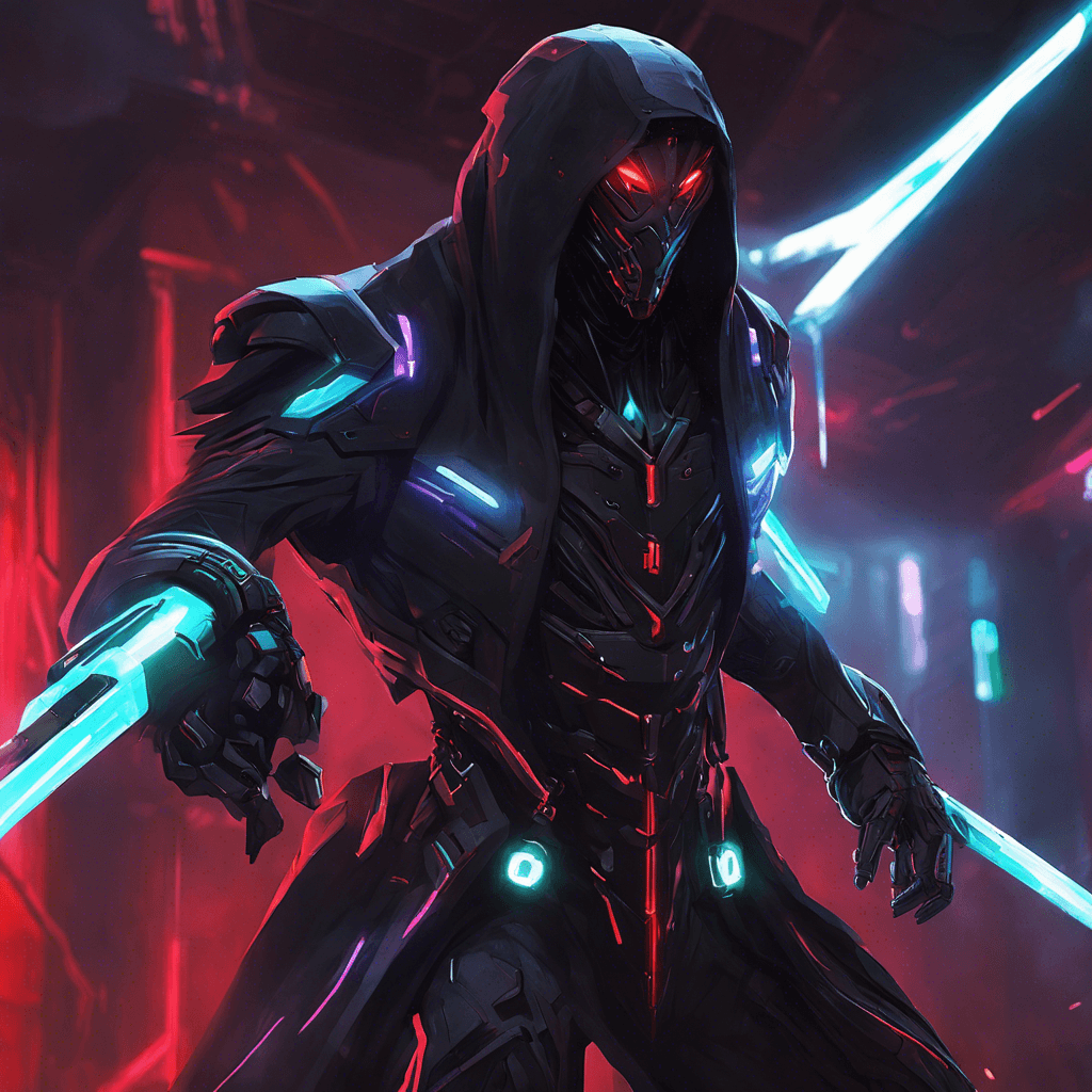 The Techno-Phantom is a stealthy cybernetic assassin cloaked in shadows, with glowing neon cybernetic enhancements running through its sleek, black armor. Its eyes glow a piercing red, scanning its surroundings with advanced technology for its next target.