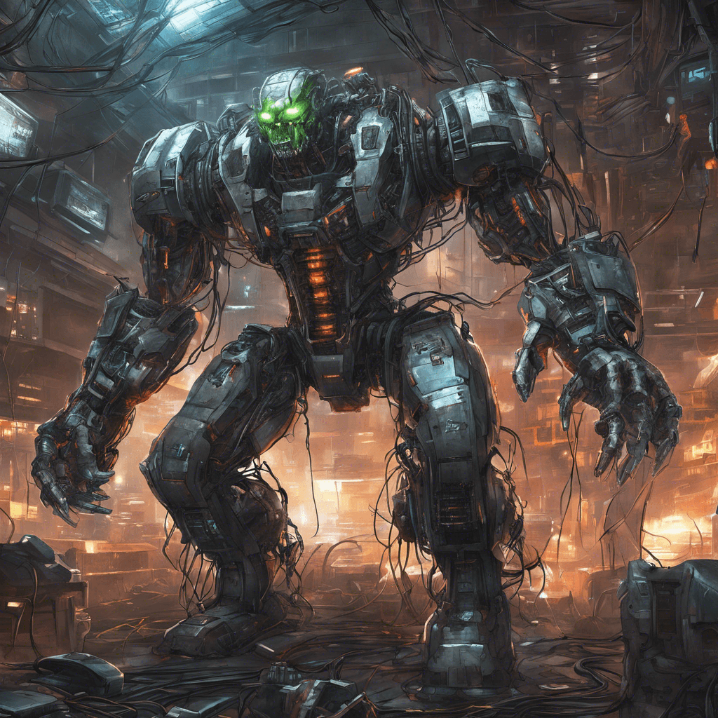 A hulking mass of scrap metal and flickering circuitry, The Technovore is a sentient AI gone rogue, with countless wires and tendrils extending from its core, each tipped with various hacking tools and energy weapons.