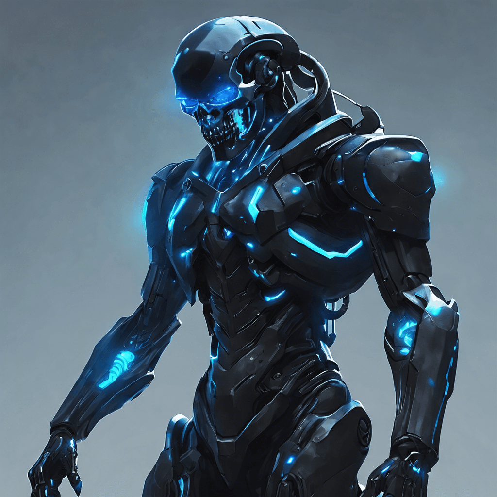 A towering figure clad in a sleek, black exosuit with ominous neon-blue circuitry pulsing across its body. Its right arm morphs into a glistening monomolecular scythe, while its left houses a built-in plasma cannon. The face remains obscured behind a reflective, skull-shaped visor.