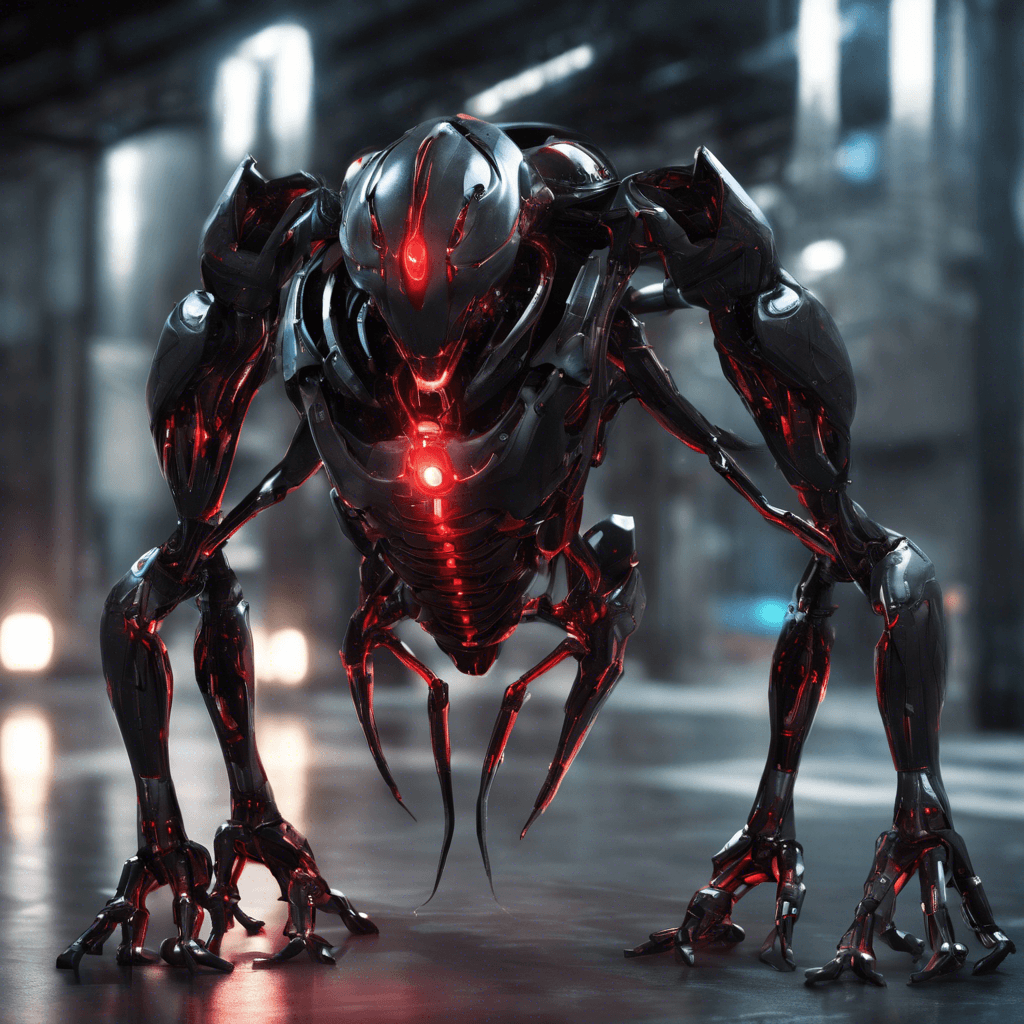 An agile, metallic humanoid with glowing red eyes and sharp extendable claws. Its sleek body is covered in a dark exoskeleton, with wires and energy circuits pulsating beneath its semi-transparent outer shell.