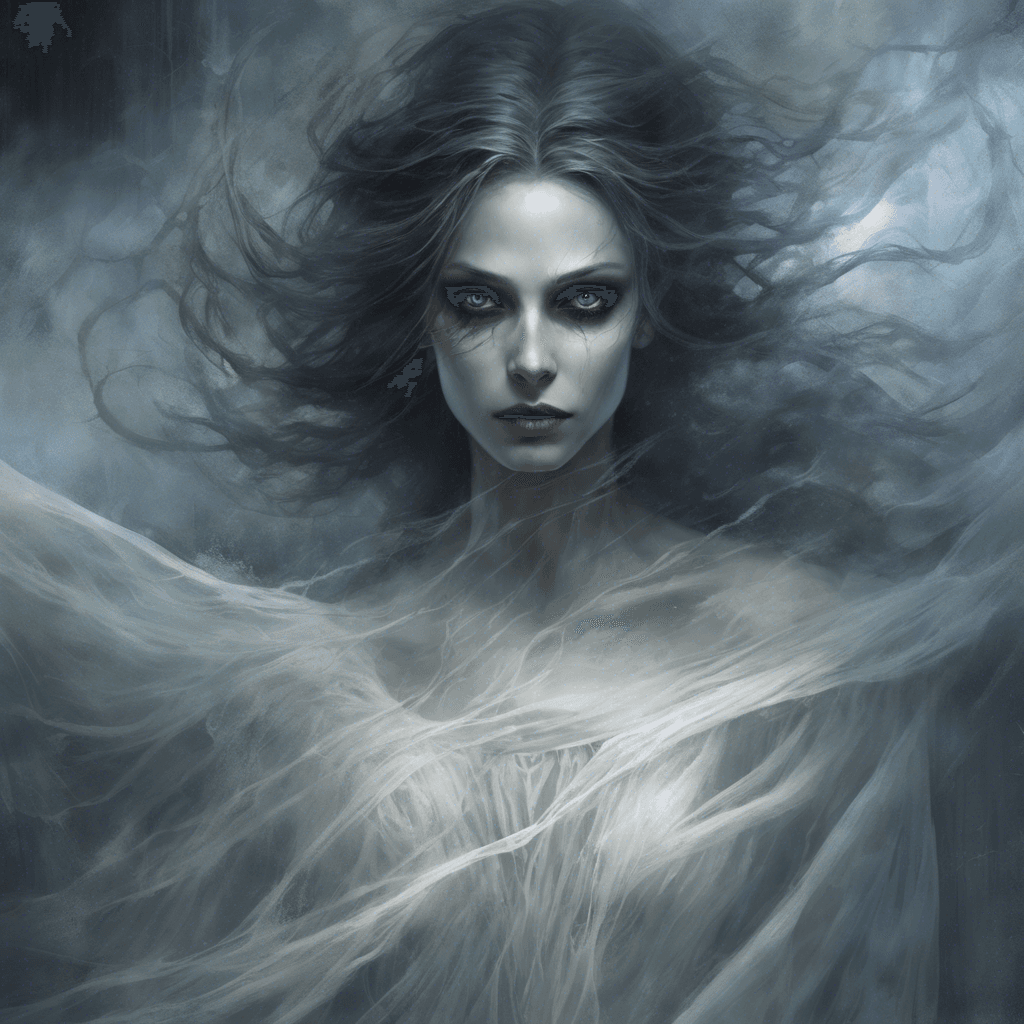 The Specter of Lady Eldritch appears as a ethereal figure draped in a tattered white gown, her eyes hollow and filled with an otherworldly light. Wisps of mist float around her, and a cold chill emanates from her presence, freezing the air around her.