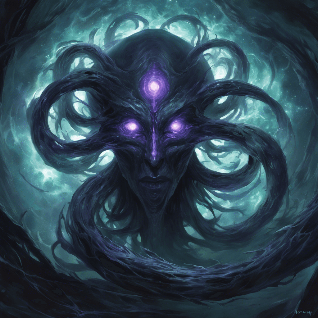 The Voidwalker is a mysterious being made of swirling dark energy, with tendrils reaching out like shadows in the void. Its eyes gleam with an otherworldly glow, and it moves with an unsettling fluidity, as if defying the laws of physics.